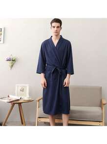 SHEIN 1 chiếc áo choàng tắm cùng kiểu dáng dành cho nam và nữ, áo choàng tắm dài đơn giản, áo choàng dài màu trơn dùng ở nhà, có thắt lưng - Đồ ngủ bằng polyester cổ chữ V thường ngày cho mọi mùa, đồ dùng phòng tắm, váy xông hơi spa sauna kilt - Màu xanh hải quân - Xem 4