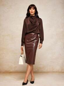 House of One Ruched Mock Neck Long Sleeve Satin Top Women Elegant Casual Old MoneyTop Brown Top Brown Blouse Chocolate Brown Top Dark Brown Top Coffee Brown Top Fall Women Clothes Office Old Money Outfits For Women Fall Outfits Business Professional Women Business Casual Woman