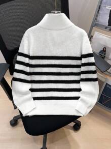 SHEIN 儿童/青少年男童休闲翻领半拉链长袖针织毛衣 - 白色 - 查看 5