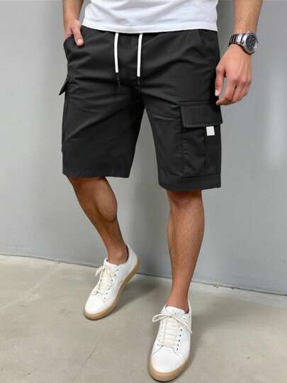 Manfinity Homme Men's Solid Color Elastic Waist Drawstring Pocket Cargo Shorts Men Black Cargo Shorts Black Cargo Shorts Men Men Shorts With Pockets Black Shorts Men