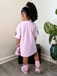 Tween Girl New Spring And Summer Casual Street V-Neck Off-Shoulder Short-Sleeved 23 Slogan Logo Eagle Pattern Apricot Bottom Green Stripe All-Over Printing Loose Knitted Fabric Mini Dress,Dresses - Pink - View 2