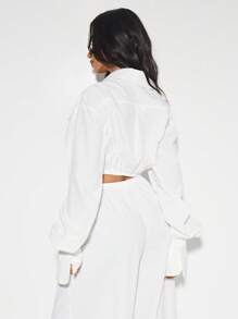 KIZN Loose Fit Drawstring Crop Button Down Office Workwear Long Sleeve Shirt Modern Professional Tailored Utility Pockets Spring Fall Everyday Essentials - White - View 2