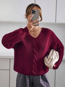 EURMUSE Chunky Cable Knit V-Neck Sweater In Deep Rust Red With Ribbed Hem And Cuffs,Jumper,Cream Jumper,Jumpers For Women,Jumpers,Black Jumper,Womens Jumper,White Jumper,Women's Jumper,Women's Jumpers,Winter Clothes - Burgundy - View 3