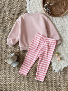 SHEIN 女婴幼儿/新生儿 0-3 岁春夏休闲家居服和外套可爱水果草莓印花圆领长袖运动衫 + 罗纹修身打底裤套装