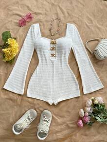 Soleia Women's Vacation White Knit Textured Camisole Jumpsuit With Front Hollow And Metal Starfish Decor, Fitted, For Party, Date, Afternoon Tea, Bohemian, Boho, Romantic Floral, Vacation, Floral White Playsuit Long Sleeve Playsuit - White - View 3