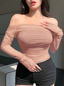 DAZY 女士弹力网纱单肩透视上衣，春夏长袖露肩上衣 - 粉色 - 查看 5