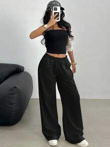 SHEIN 青少年女孩休闲松紧腰阔腿运动裤，适合春、夏、秋、冬 - 黑色 - 查看 10