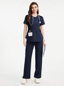 TaskEZ Set Seragam Perawat Wanita Warna Biru Tua, Seragam Perawat Lengan Pendek dengan Saku dan Motif Patchwork Warna Kontras, Pakaian Kerja Renaissance Ukuran Plus, Set Pakaian Kerja Perawat - Navy Blue - View 4