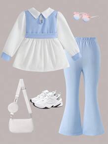 2 piezas de conjunto de ropa para niñas, blusa de manga larga ajustada con decoración de perlas y pantalones acampanados, para primavera/otoño