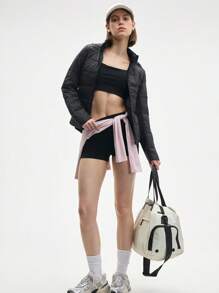 Gameset SHEIN Sport 女款黑色長袖前拉鍊連帽運動加厚外套，棉質健身夾克，適合秋季運動休閒穿搭 - 黑色 - 查看 3