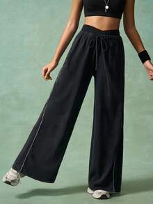 VARSIVA 女式休闲抽绳腰阔腿运动裤，日常穿着 - 黑色 - 查看 1
