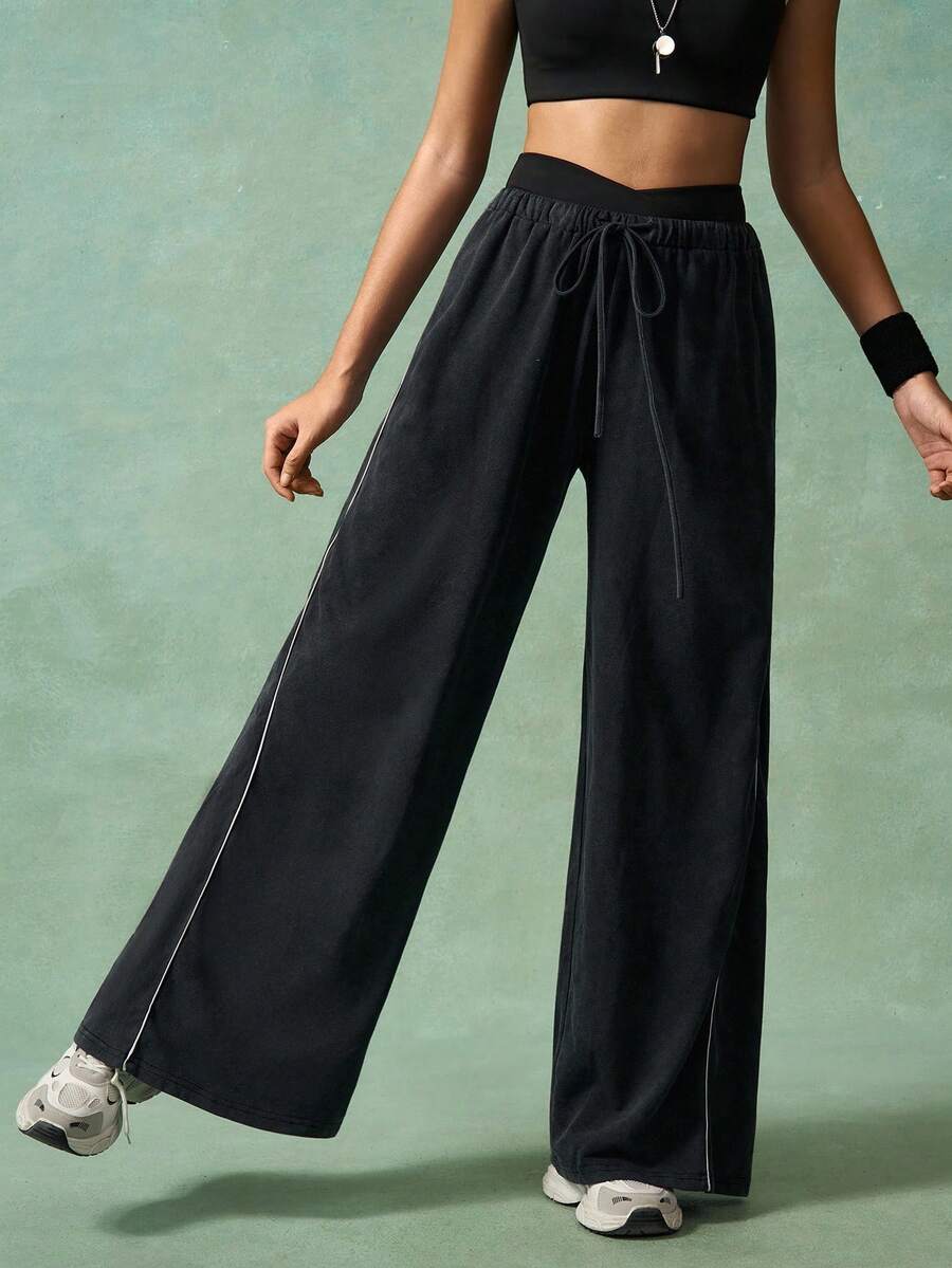 VARSIVA 女式休闲抽绳腰阔腿运动裤，日常穿着 - 黑色 - 查看 1
