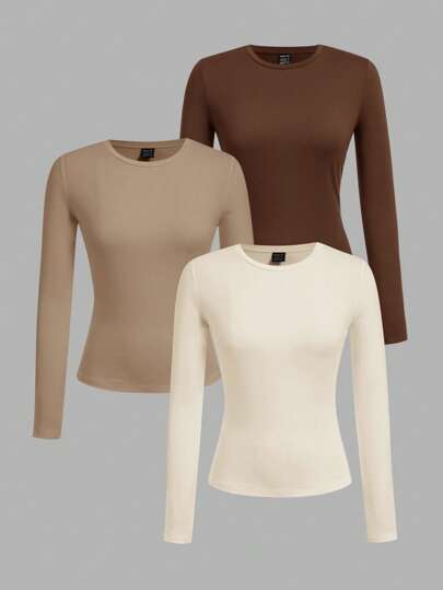 SHEIN EZwear Camiseta de manga larga de talla grande, de cuello redondo, ajustada, versátil y de colores variados