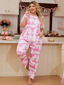 Plus Size Bow Print Contrast Color Round Neck Sleepwear Set, Sweet Ins Style - White - View 6
