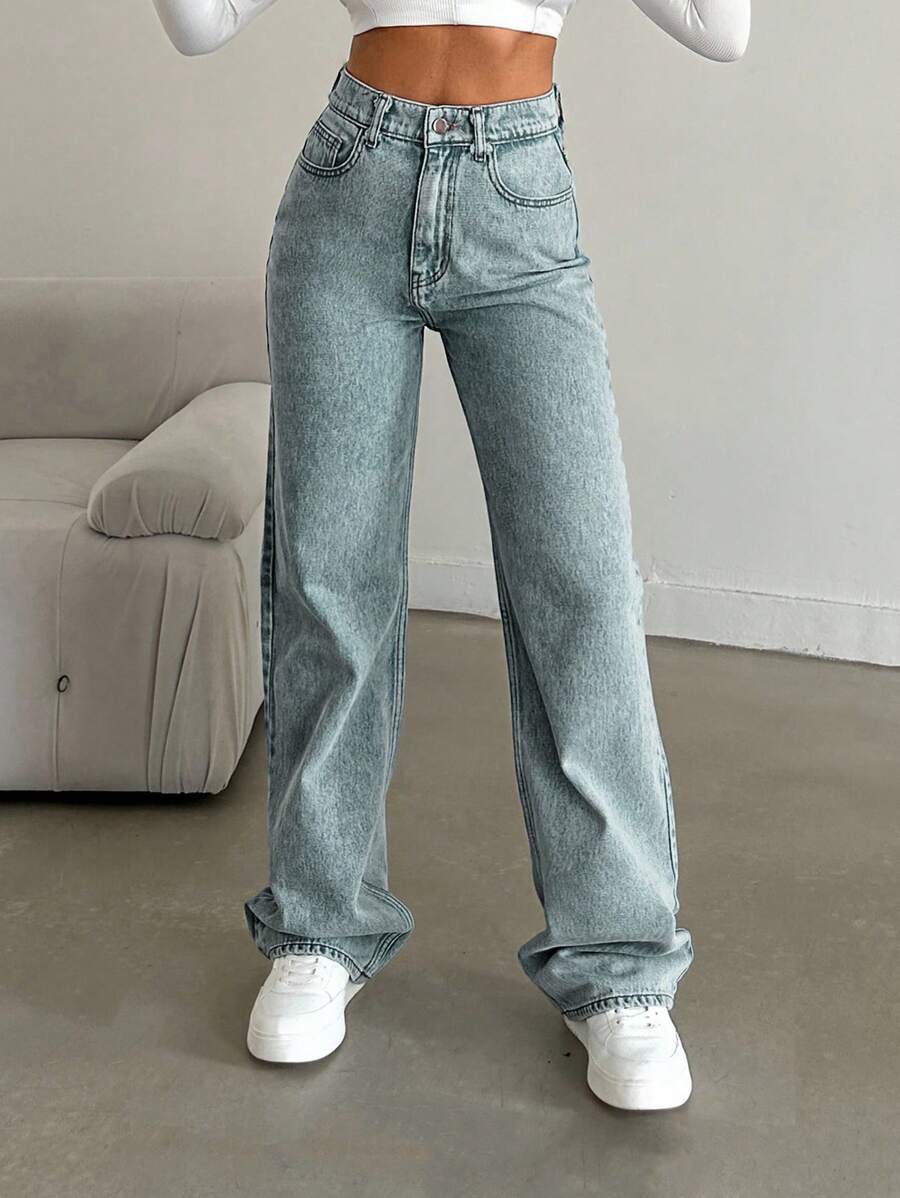 SHEIN Tall Snow Wash Straight Leg Jeans High Rise For Tall - Dusty Blue - View 1