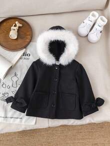 SHEIN Baby Girls Casual Single-Breasted Bow Cuffs Faux Fur Hooded Overcoat, Autumn/Winter Fall - Black - View 3