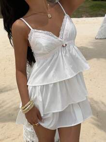 SHEIN PETITE 女士夏季休闲多层荷叶边下摆拼布花卉装饰吊带迷你连衣裙 - 白色 - 查看 6