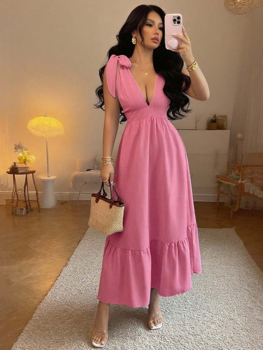 Rafferiza Váy suông không tay buộc eo cổ chữ V thanh lịch màu xanh, phong cách nghỉ dưỡng, cho mùa xuân và mùa hè - Màu Hồng Tươi - Xem 1