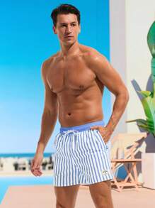 Surfspeed 男士短款条纹游泳休闲短裤，带松紧腰带，男士泳裤，蓝白条纹泳裤，男士泳裤 - 藍色 - 查看 5