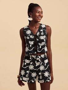 Travachic 2 件套女士节日花卉刺绣吊带背心和短裤，女士秋季服装，波西米亚风格，女士秋季服装，新款秋季时尚女士，女士两件套 - 黑色 - 查看 4