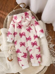 SHEIN 女婴粉色毛绒蝴蝶结长袖连体衣，秋冬款 - 彩色 - 查看 2