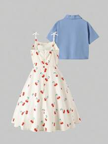 2 件套少女可爱休闲浅蓝色水洗牛仔短袖上衣和白色吊带连衣裙 - 淺色水洗藍 - 查看 2