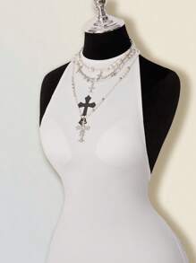 SHEIN ICON 女式十字印花露背系带迷你连衣裙