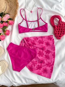 SHEIN Tween Girl 3 件套：纯粉色针织比基尼上衣和花卉印花裙，休闲海滩度假 - 玫紅色 - 查看 2