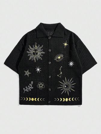 Street Life Chemise décontractée à manches courtes en tricot ample à motif brodé pour homme