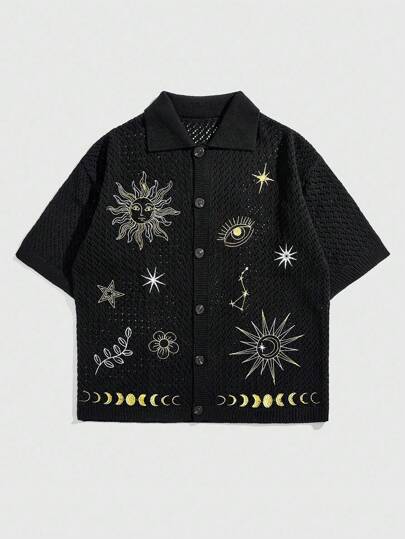 Street Life Men's Embroidery Pattern Loose Knit Shirt Knitted Short Sleeve Casual Tops