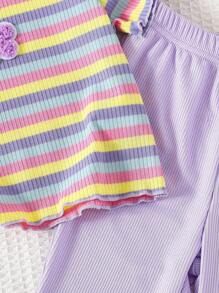 Genkimix Kids 2pcs/Set Toddler Girl Striped Purple Embroidered Flower Luttuce Trim Top And Ribbed Flare Pant Set Outfit Summer Holiday - Purple - View 3