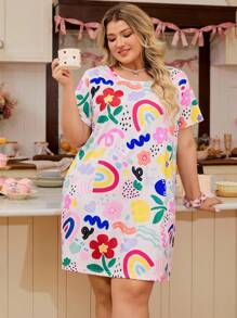 SHEIN Áo ngủ tay ngắn in hoa nhiều màu sắc cỡ lớn, kiểu dáng Moo Moo Night Dress - Nhiều màu - Xem 1