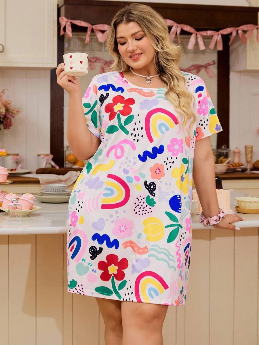 SHEIN Áo ngủ tay ngắn in hoa nhiều màu sắc cỡ lớn, kiểu dáng Moo Moo Night Dress - Nhiều màu - Xem 1