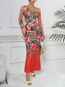 INAWLY Printed Asymmetrical Neck Flared Sleeve T-Shirt + Skirt 2-Piece Set