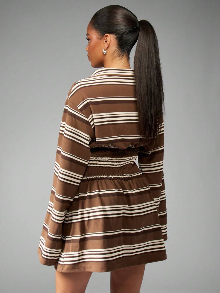 MISSGUIDED Retro Stripe Long Sleeve Mini Dress Smocked Waist Collared Neckline Fall Winter Spring Party Casual Office Work Wear Pullover Style Day Dress