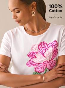 Lilora Women Elegant Embroidery Floral Casual T-Shirt For Commuting, Daily Wear, Party Urban Style Round Neck Floral Going Out Top T-Shirt Urban Leisure, Romantic And Elegant, Going Out - White - View 1