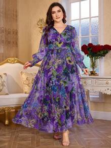 Modelyn 全新奢华优雅超长V领长袖摆裙 - 紫羅蘭色 - 查看 6