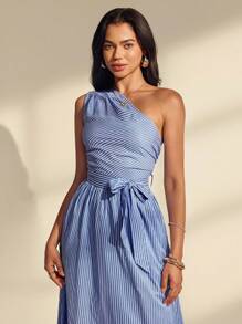 Almamuse Women's Elegant Belted Wide Skirt Stripe Dress - Blue - View 5