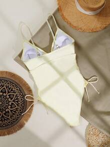 Swim Mod Women One-Piece Swimsuit, Solid Color With Floral Ribbon Detail And Side Drawstring, Suitable For Holiday/Vacation And Leisure For Summer