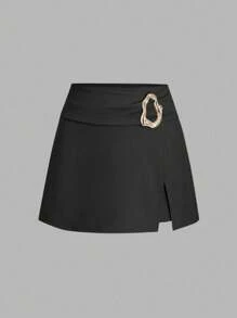 Sweetra Solid Color Versatile Fitted Metal Decor Slit Hem Bodycon Mini Skirt - Black - View 1