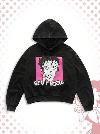 Betty Boop | ROMWE Herren Hoodie mit loser Passform, Kordelzug, Cartoon-Figur- und Buchstaben-Grafik, schwarze Farbe