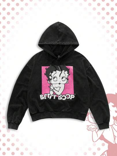 Betty Boop | ROMWE Sudadera con capucha negra holgada con cordón, figura de dibujos animados y gráfico de letras para hombre