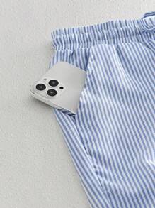 Manfinity VCAY HIMLAND Men's Casual Solid Color Drawstring Waist Slant Pocket Shorts, Summer ,Men's Sage Green Linen Beach Shorts ,Comfortable Elastic Waist Drawstring Summer Pants ,Lightweight Breathable Vacation Outfit Men ,Casual Solid Color Lounge Shorts With Pockets ,Relaxed Fit Knee Length Shorts For Guys ,Soft Texture Washed Linen Look Shorts ,Men's Linen Shorts, Elastic Waist Drawstring Casual Summer Beach Pants ,Lightweight Sage Green Lounge Bottoms With Pockets ,Perfect For Beach Or Home ,Breathable Linen Look Shorts ,Men's Sage Green Linen Texture Shorts For Husband Boyfriend Gift Simple Fashion Commuting  Summer - Blue and White - View 5