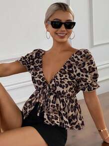 Livesso Women Leopard Print Tie Front Casual T-Shirt, For Spring/Summer Vacation