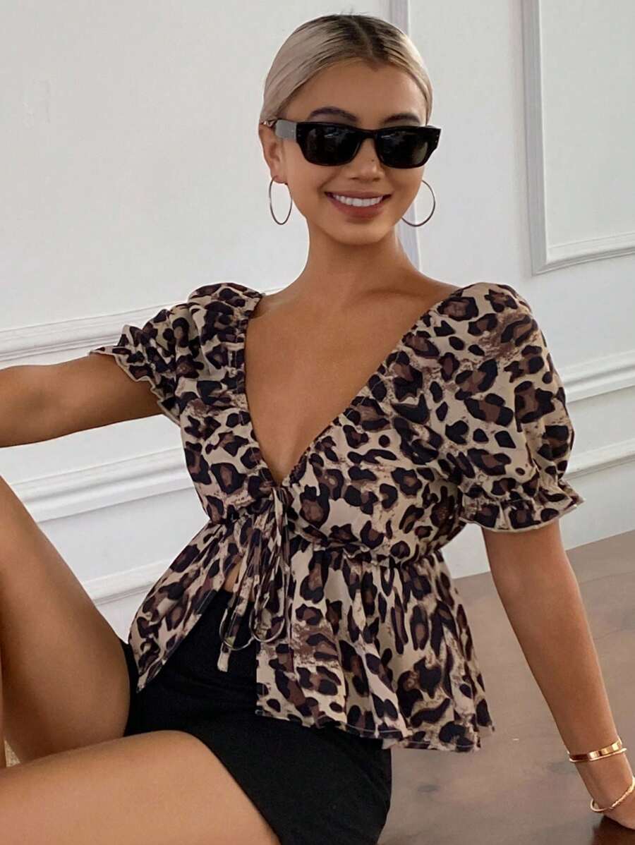 Livesso Women Leopard Print Tie Front Casual T-Shirt, For Spring/Summer Vacation