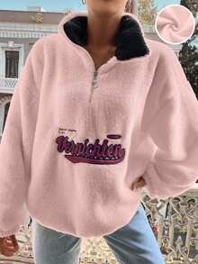 EURMUSE Áo hoodie lót lông cừu in chữ có khóa kéo cho nữ - Màu Hồng  San hô - Xem 1