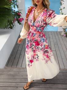 Vivid Eden 波西米亚花卉印花V领长袖连衣裙 - 彩色 - 查看 6