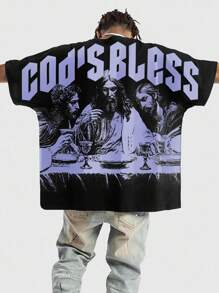 ROMWE MEN Street Life 男士蝙蝠袖印花短袖T恤，适合日常穿着，万圣节 - 黑色 - 查看 1