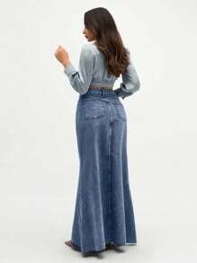 SHEIN Tall Women's High Waist Pockets Frayed Hem Extra Long Casual Denim Midi Skirt - Teal Blue - View 2