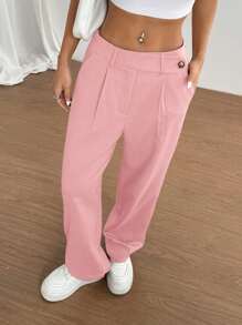 SHEIN Unity Women Casual Solid Color Loose Pants, Suitable For Daily Commute Fall Cloth For Women - Pink - View 3